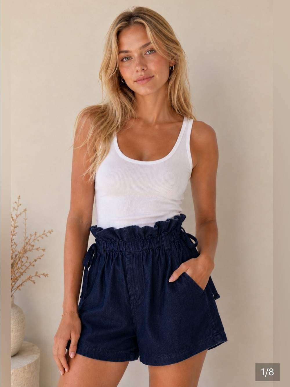Ruffled High-Rise Paper Bag Denim Shorts in Deep Navy Small 100% Cotton NWT